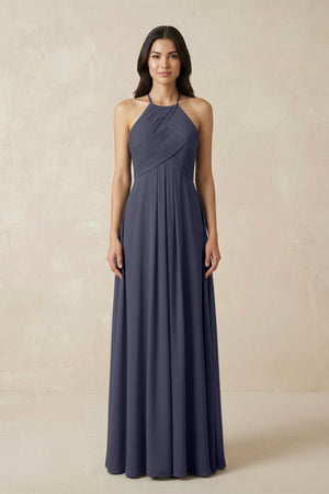 A-Line Halter Neck Pleated Chiffon Bridesmaid Dress in Dusk Blue - KISS BRIDAL BRIDESMAID DRESSES