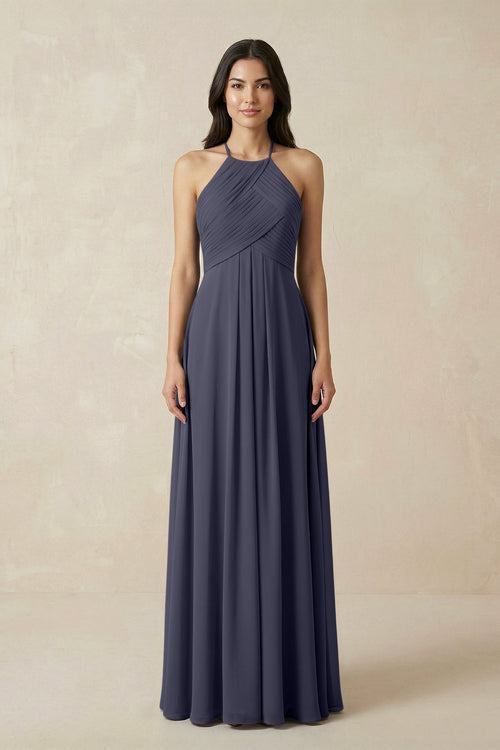 A-Line Halter Neck Pleated Chiffon Bridesmaid Dress in Dusk Blue - KISS BRIDAL BRIDESMAID DRESSES