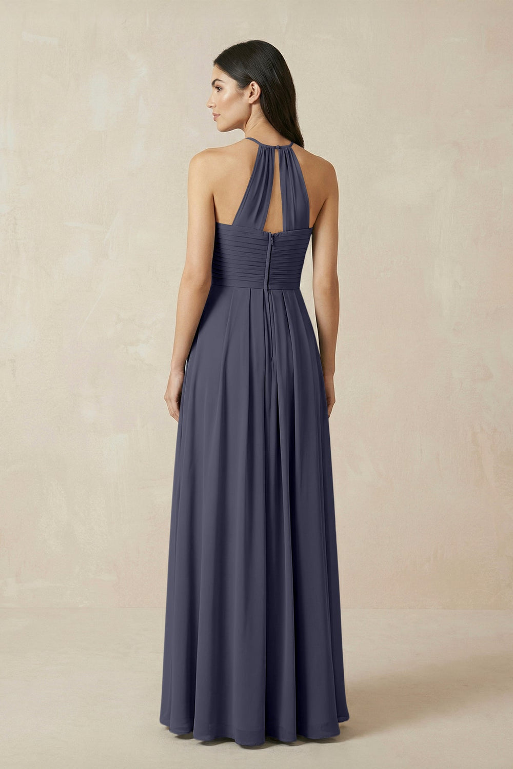 A-Line Halter Neck Pleated Chiffon Bridesmaid Dress in Dusk Blue - KISS BRIDAL BRIDESMAID DRESSES
