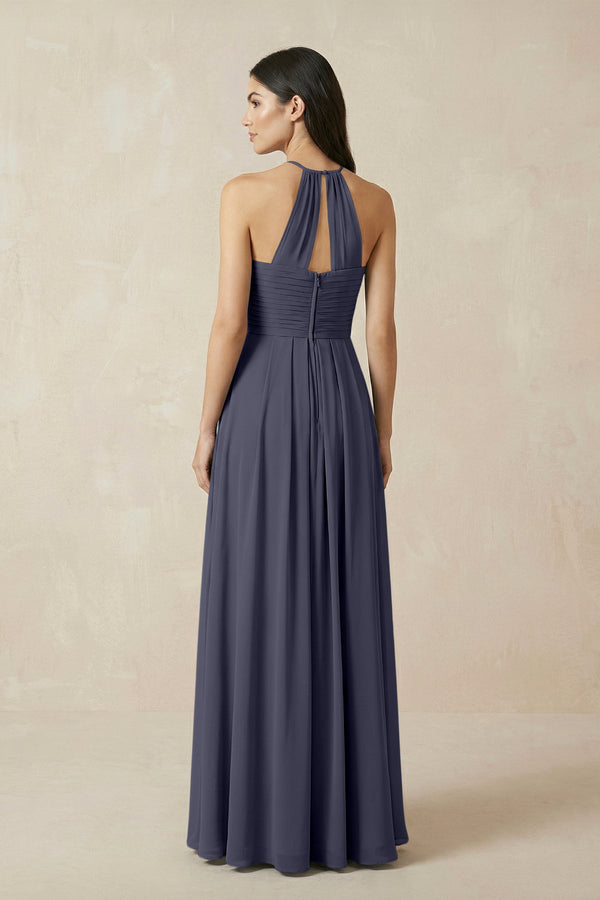 A-Line Halter Neck Pleated Chiffon Bridesmaid Dress in Dusk Blue - KISS BRIDAL BRIDESMAID DRESSES