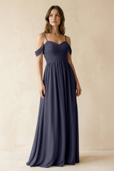 A-Line Off-the-Shoulder Pleated Chiffon Bridesmaid Dress in Dusk Blue - KISS BRIDAL BRIDESMAID DRESSES