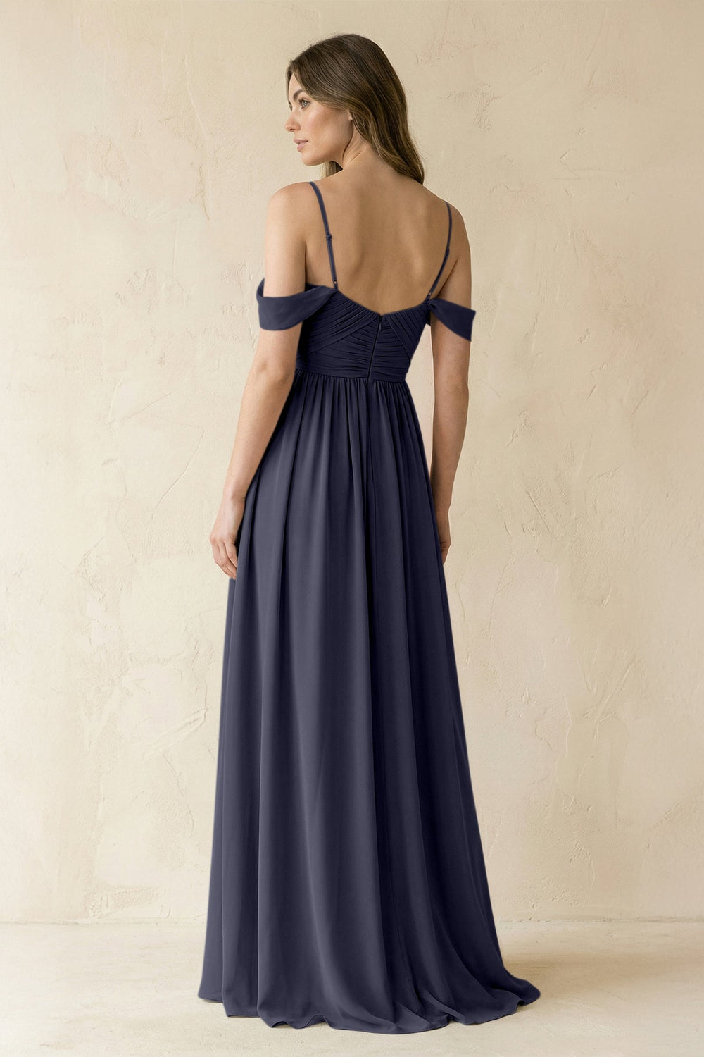 A-Line Off-the-Shoulder Pleated Chiffon Bridesmaid Dress in Dusk Blue - KISS BRIDAL BRIDESMAID DRESSES