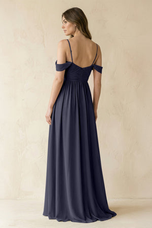 A-Line Off-the-Shoulder Pleated Chiffon Bridesmaid Dress in Dusk Blue - SHE IS ME BRIDESMAID DRESSES