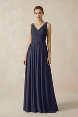 A-Line V-Neck Pleated Chiffon Bridesmaid Dress in Dusk Blue - KISS BRIDAL BRIDESMAID DRESSES