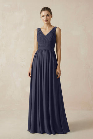 A-Line V-Neck Pleated Chiffon Bridesmaid Dress in Dusk Blue - SHE IS ME BRIDESMAID DRESSES