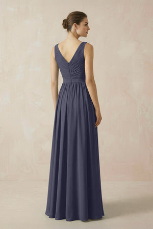 A-Line V-Neck Pleated Chiffon Bridesmaid Dress in Dusk Blue - SHE IS ME BRIDESMAID DRESSES