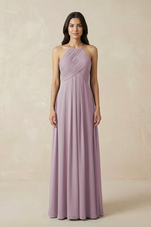 A-Line Halter Neck Pleated Chiffon Bridesmaid Dress in Dusk - KISS BRIDAL BRIDESMAID DRESSES
