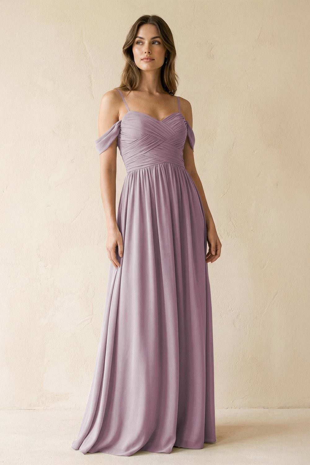 A-Line Off-the-Shoulder Pleated Chiffon Bridesmaid Dress in Dusk - KISS BRIDAL BRIDESMAID DRESSES