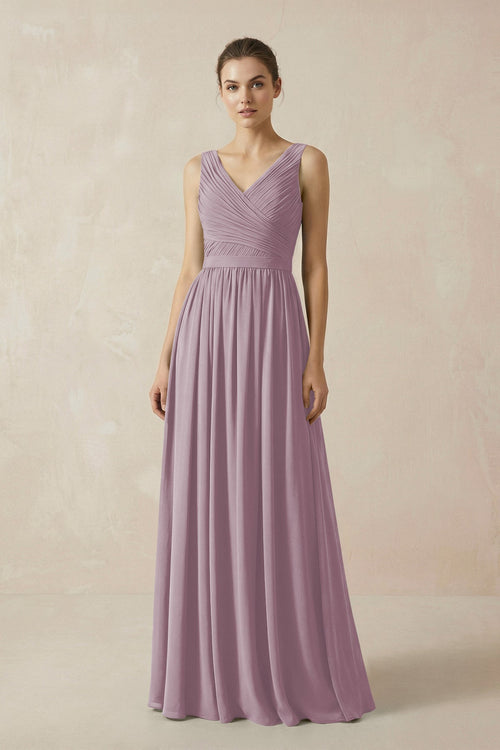 A-Line V-Neck Pleated Chiffon Bridesmaid Dress in Dusk - SHE IS ME BRIDESMAID DRESSES