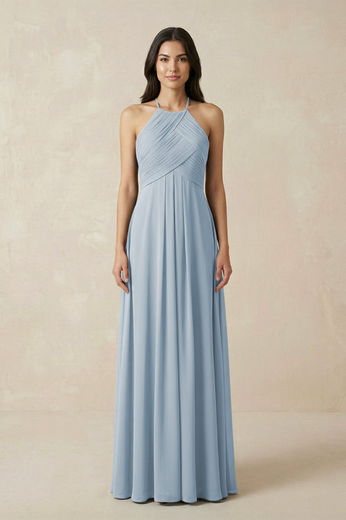 A-Line Halter Neck Pleated Chiffon Bridesmaid Dress in Dusty Blue - KISS BRIDAL BRIDESMAID DRESSES