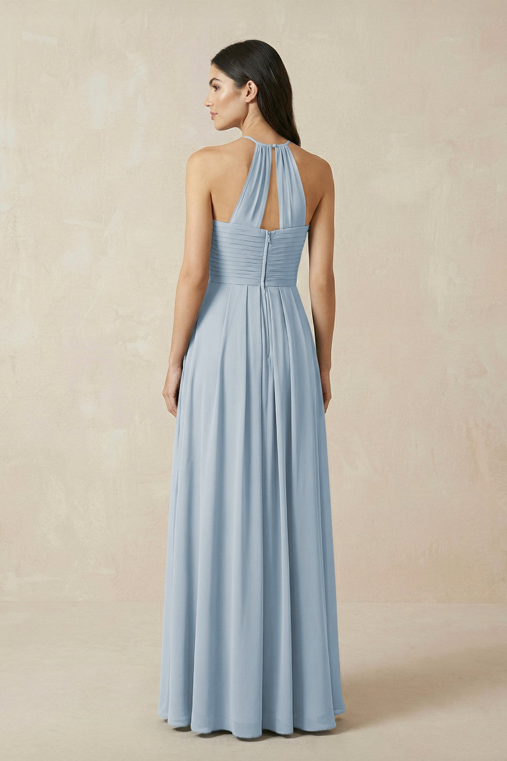 A-Line Halter Neck Pleated Chiffon Bridesmaid Dress in Dusty Blue - KISS BRIDAL BRIDESMAID DRESSES