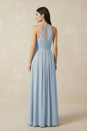 A-Line Halter Neck Pleated Chiffon Bridesmaid Dress in Dusty Blue - KISS BRIDAL BRIDESMAID DRESSES