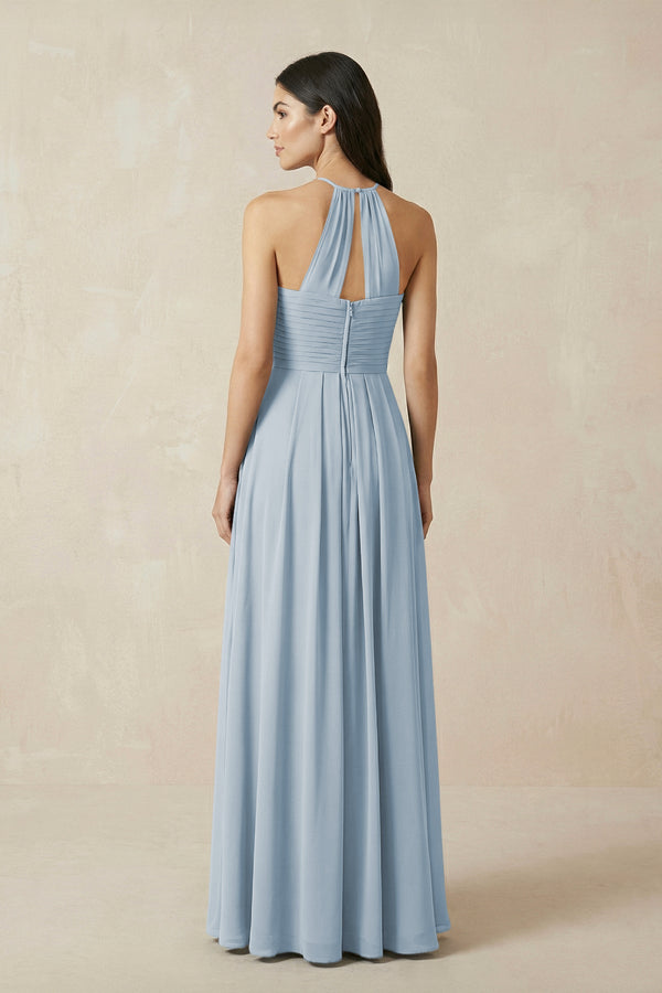 A-Line Halter Neck Pleated Chiffon Bridesmaid Dress in Dusty Blue - KISS BRIDAL BRIDESMAID DRESSES