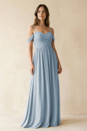 A-Line Off-the-Shoulder Pleated Chiffon Bridesmaid Dress in Dusty Blue - SHE IS ME BRIDESMAID DRESSES