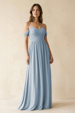 A-Line Off-the-Shoulder Pleated Chiffon Bridesmaid Dress in Dusty Blue - SHE IS ME BRIDESMAID DRESSES