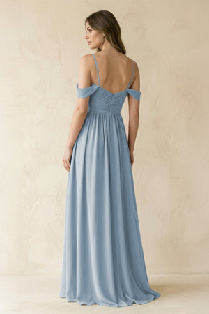 A-Line Off-the-Shoulder Pleated Chiffon Bridesmaid Dress in Dusty Blue - SHE IS ME BRIDESMAID DRESSES