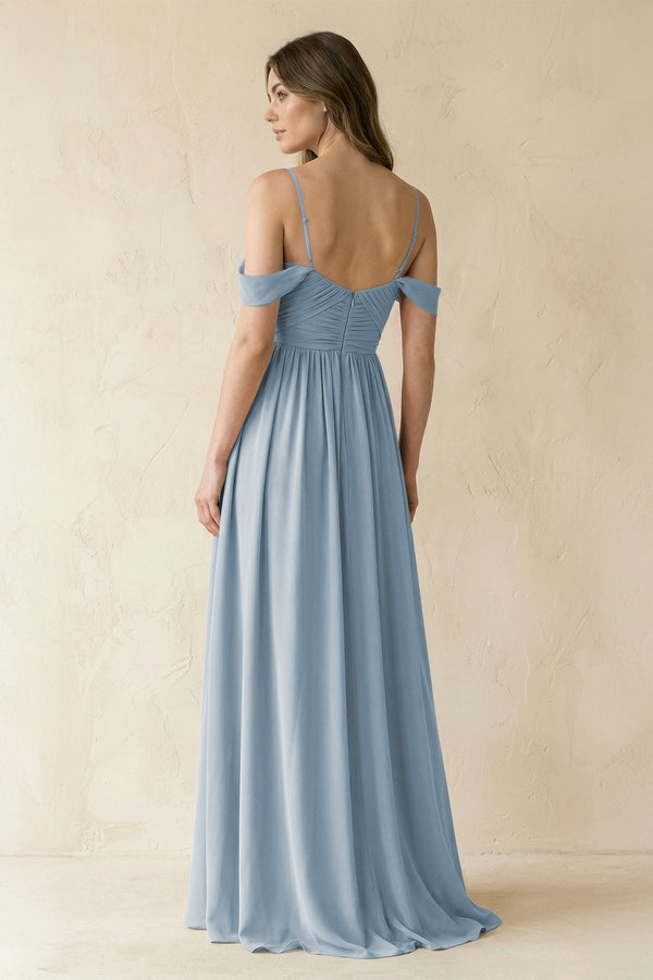 A-Line Off-the-Shoulder Pleated Chiffon Bridesmaid Dress in Dusty Blue - SHE IS ME BRIDESMAID DRESSES