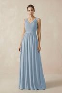 A-Line V-Neck Pleated Chiffon Bridesmaid Dress in Dusty Blue - SHE IS ME BRIDESMAID DRESSES