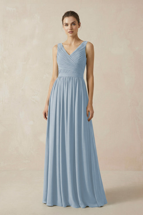 A-Line V-Neck Pleated Chiffon Bridesmaid Dress in Dusty Blue - SHE IS ME BRIDESMAID DRESSES