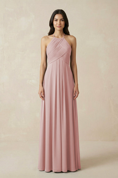 A-Line Halter Neck Pleated Chiffon Bridesmaid Dress in Dusty Rose - KISS BRIDAL BRIDESMAID DRESSES