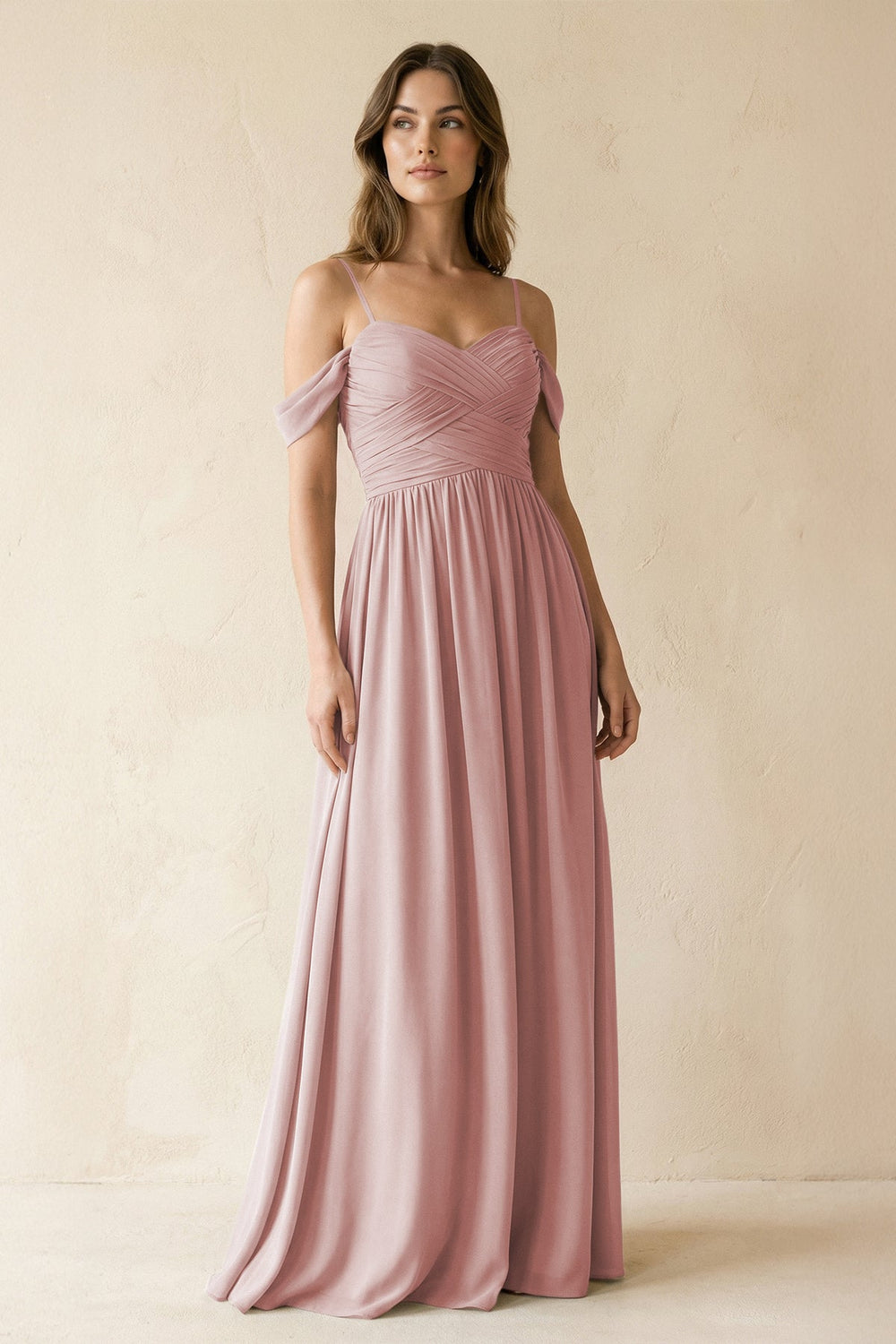 A-Line Off-the-Shoulder Pleated Chiffon Bridesmaid Dress in Dusty Rose - KISS BRIDAL BRIDESMAID DRESSES