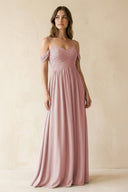 A-Line Off-the-Shoulder Pleated Chiffon Bridesmaid Dress in Dusty Rose - SHE IS ME BRIDESMAID DRESSES