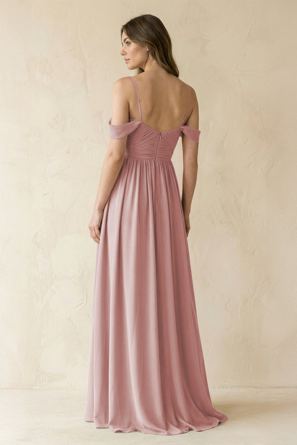 A-Line Off-the-Shoulder Pleated Chiffon Bridesmaid Dress in Dusty Rose - KISS BRIDAL BRIDESMAID DRESSES