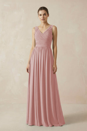 A-Line V-Neck Pleated Chiffon Bridesmaid Dress in Dusty Rose - SHE IS ME BRIDESMAID DRESSES