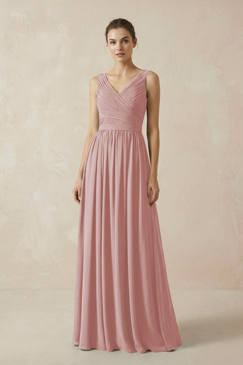 A-Line V-Neck Pleated Chiffon Bridesmaid Dress in Dusty Rose - SHE IS ME BRIDESMAID DRESSES