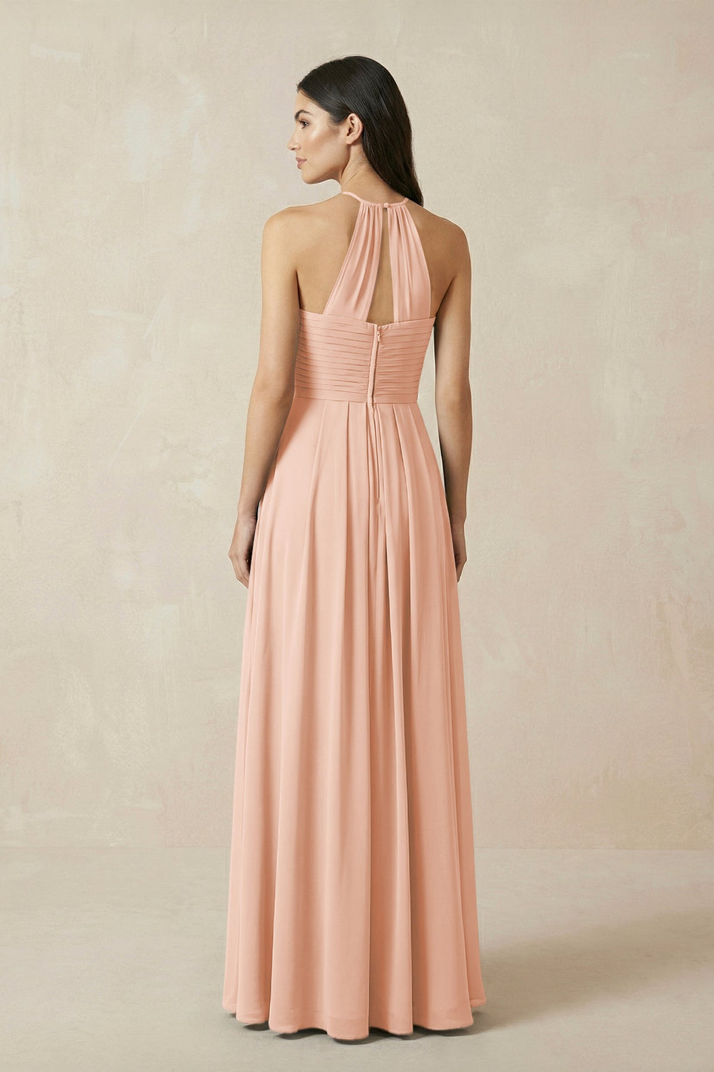 A-Line Halter Neck Pleated Chiffon Bridesmaid Dress in English Rose - KISS BRIDAL BRIDESMAID DRESSES