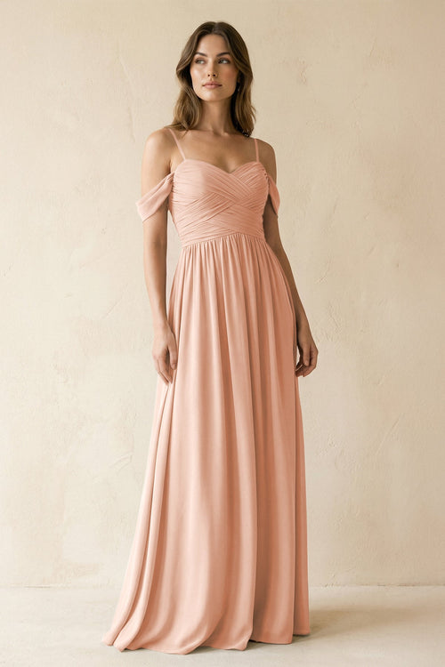 A-Line Off-the-Shoulder Pleated Chiffon Bridesmaid Dress in English Rose - SHE IS ME BRIDESMAID DRESSES