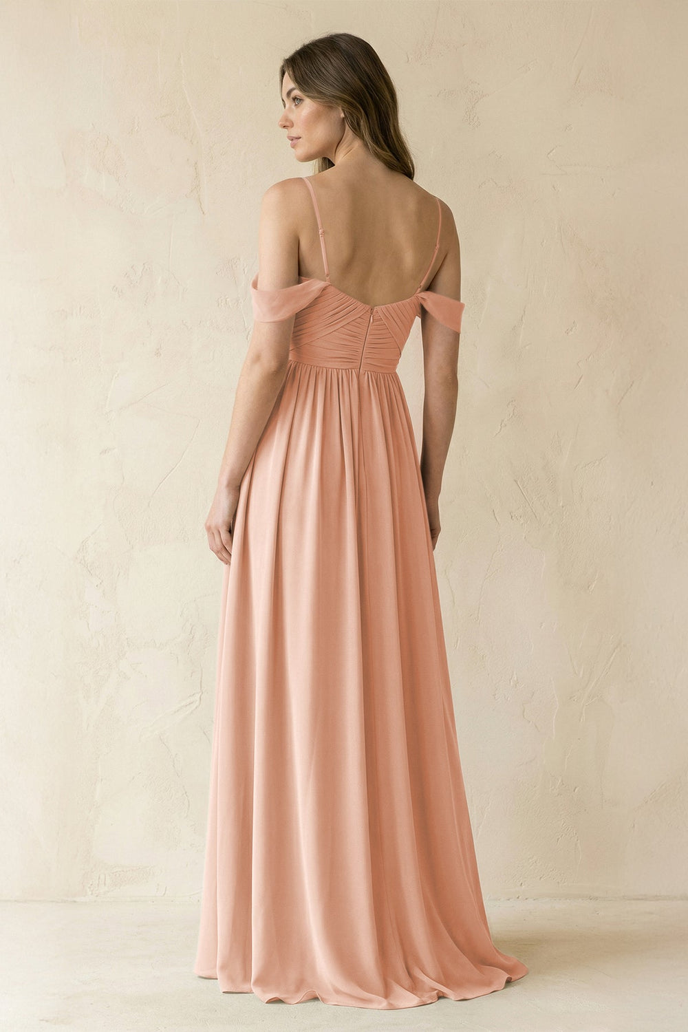 A-Line Off-the-Shoulder Pleated Chiffon Bridesmaid Dress in English Rose - KISS BRIDAL BRIDESMAID DRESSES