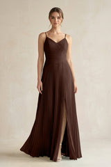 Pleated A-Line Long Chiffon Bridesmaid Dress in Espresso