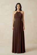 A-Line Halter Neck Pleated Chiffon Bridesmaid Dress in Espresso - KISS BRIDAL BRIDESMAID DRESSES