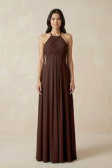 A-Line Halter Neck Pleated Chiffon Bridesmaid Dress in Espresso - KISS BRIDAL BRIDESMAID DRESSES