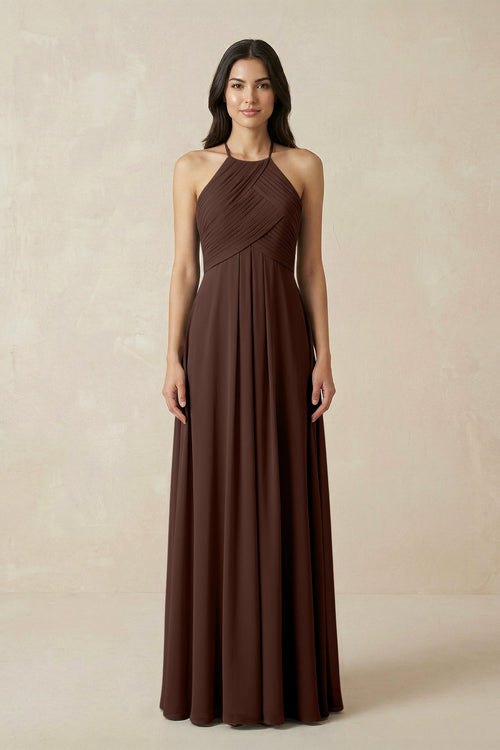 A-Line Halter Neck Pleated Chiffon Bridesmaid Dress in Espresso - KISS BRIDAL BRIDESMAID DRESSES