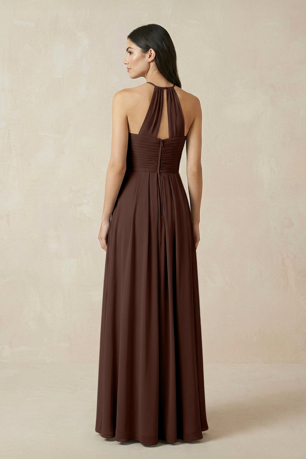 A-Line Halter Neck Pleated Chiffon Bridesmaid Dress in Espresso - KISS BRIDAL BRIDESMAID DRESSES
