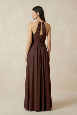 A-Line Halter Neck Pleated Chiffon Bridesmaid Dress in Espresso - KISS BRIDAL BRIDESMAID DRESSES