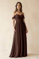 A-Line Off-the-Shoulder Pleated Chiffon Bridesmaid Dress in Espresso - SHE IS ME BRIDESMAID DRESSES