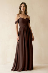 A-Line Off-the-Shoulder Pleated Chiffon Bridesmaid Dress in Espresso - KISS BRIDAL BRIDESMAID DRESSES