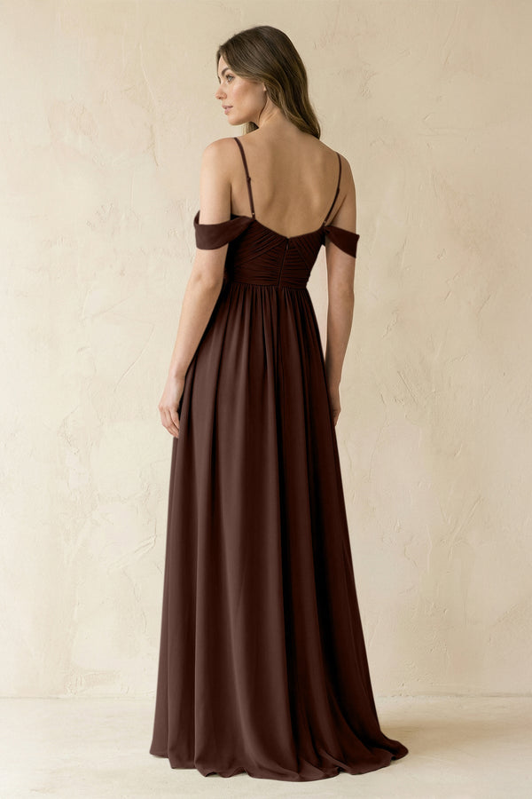 A-Line Off-the-Shoulder Pleated Chiffon Bridesmaid Dress in Espresso - SHE IS ME BRIDESMAID DRESSES