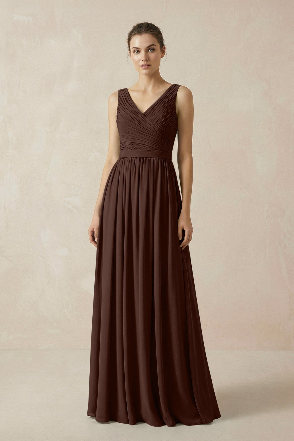 A-Line V-Neck Pleated Chiffon Bridesmaid Dress in Espresso - KISS BRIDAL BRIDESMAID DRESSES