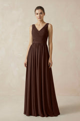 A-Line V-Neck Pleated Chiffon Bridesmaid Dress in Espresso - KISS BRIDAL BRIDESMAID DRESSES