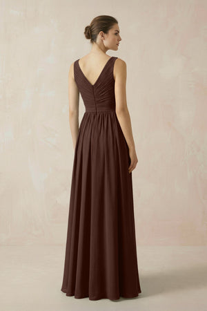 A-Line V-Neck Pleated Chiffon Bridesmaid Dress in Espresso - SHE IS ME BRIDESMAID DRESSES