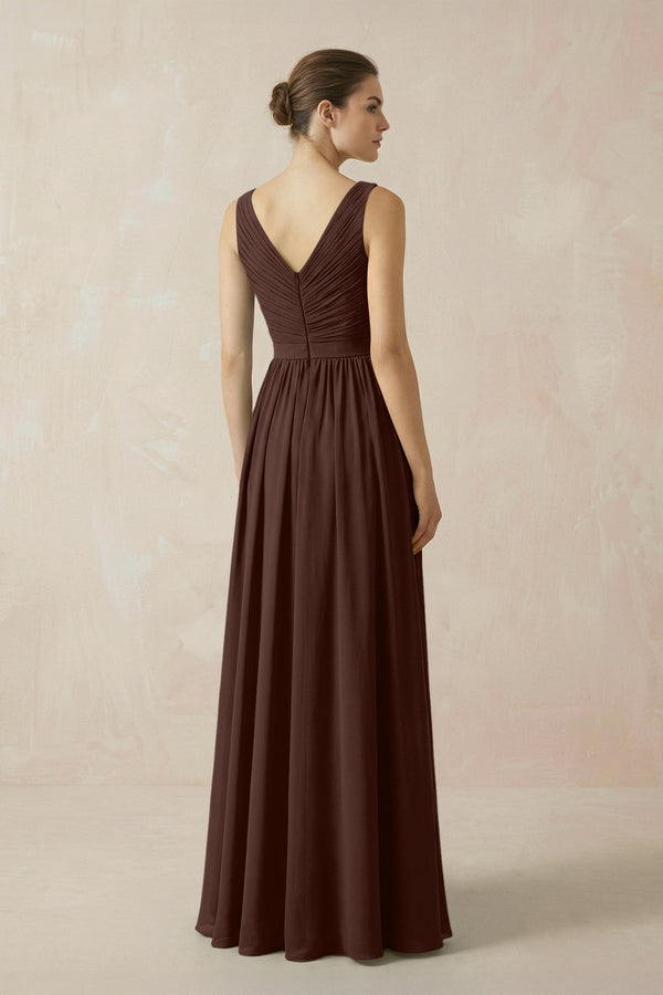 A-Line V-Neck Pleated Chiffon Bridesmaid Dress in Espresso - SHE IS ME BRIDESMAID DRESSES