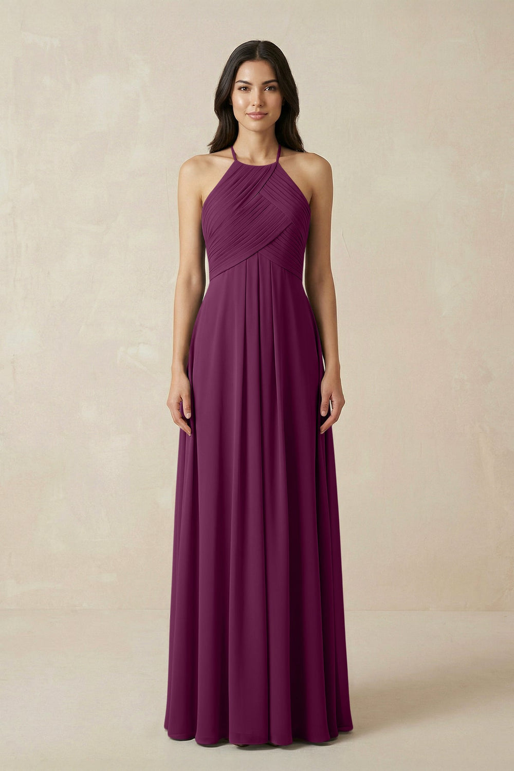 A-Line Halter Neck Pleated Chiffon Bridesmaid Dress in Fig - KISS BRIDAL BRIDESMAID DRESSES