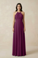 A-Line Halter Neck Pleated Chiffon Bridesmaid Dress in Fig - KISS BRIDAL BRIDESMAID DRESSES