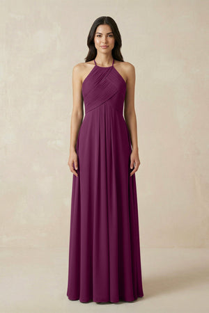 A-Line Halter Neck Pleated Chiffon Bridesmaid Dress in Fig - KISS BRIDAL BRIDESMAID DRESSES