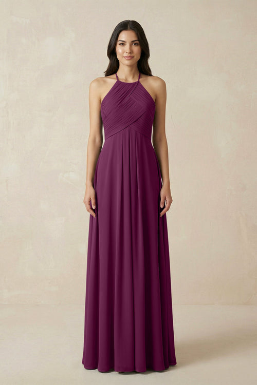 A-Line Halter Neck Pleated Chiffon Bridesmaid Dress in Fig - KISS BRIDAL BRIDESMAID DRESSES