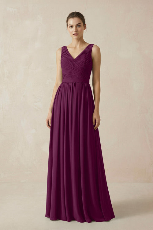 A-Line V-Neck Pleated Chiffon Bridesmaid Dress in Fig - SHE IS ME BRIDESMAID DRESSES